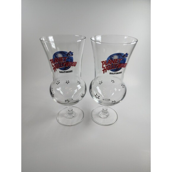 Set Of 2 Vtg Planet Hollywood Baltimore 8" Hurricane Glasses Star Pot Belly - Picture 1 of 7